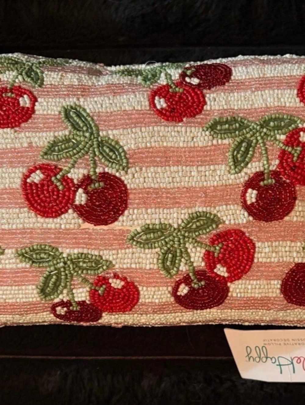 Style Happy Beaded Cherry Striped Decorative Throw Pillow Pink & Red